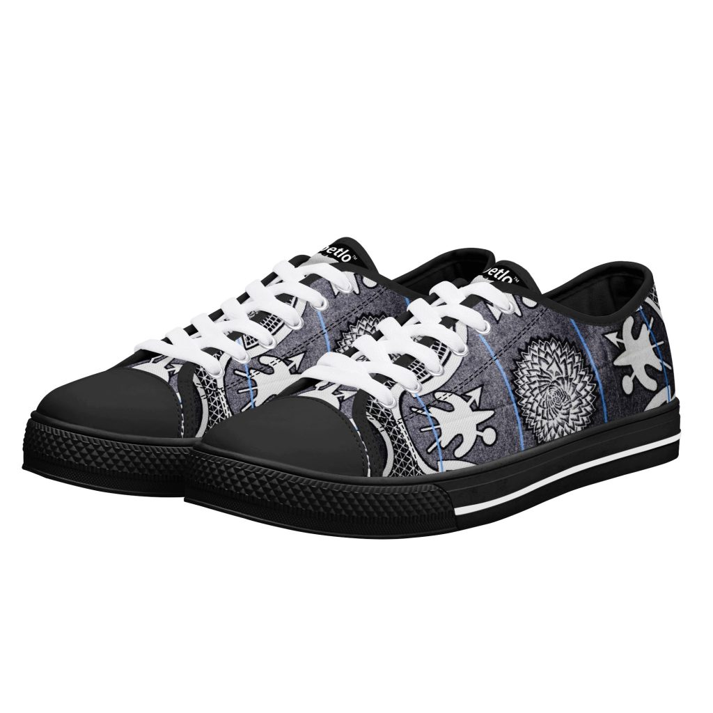 Moetlo Kharetsa low-top canvas sneakers in grey Basotho print with black toe cap and white laces — view 1 of 17