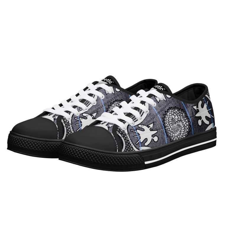 Styling African Print Bomber & Baseball Jackets: A Guide to Cultural Streetwear in South Africa 4 Moetlo Kharetsa low-top canvas sneakers in grey Basotho print with black toe cap
