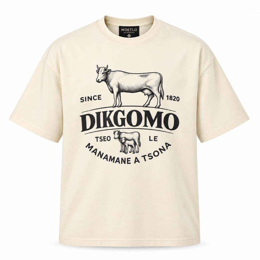Moetlo Dikhomo Tseo T-shirt in cream - Basotho cattle graphic